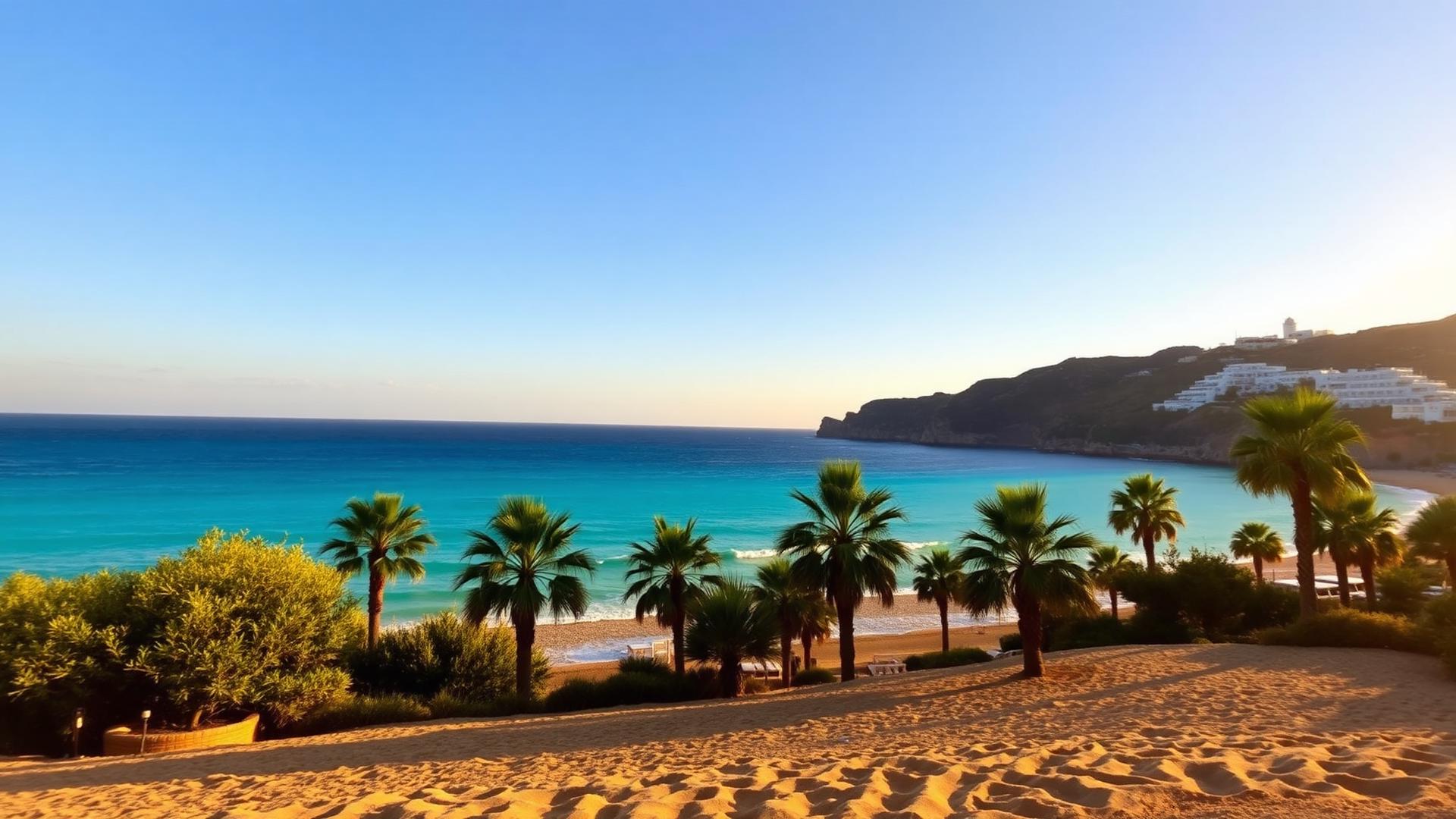 Turquoise Ibiza bay at golden hour with palm trees